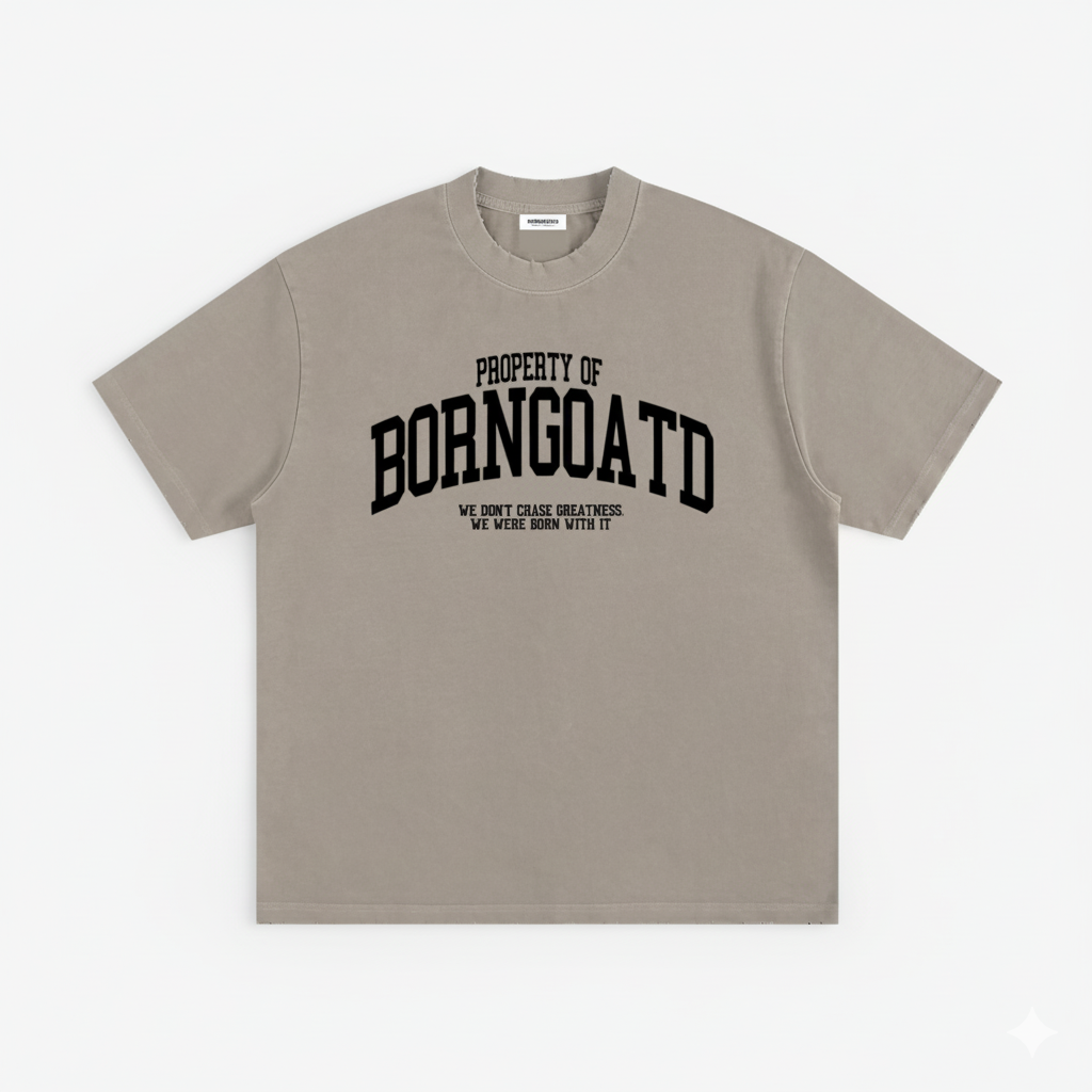 Front view of BORNGOATD Property of Tee with collegiate chest graphic