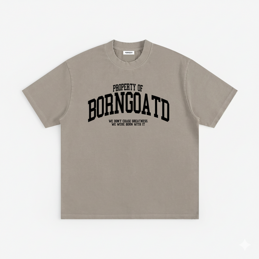 Front view of BORNGOATD Property of Tee with collegiate chest graphic