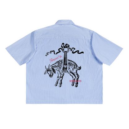 BORNGOATD Forever Up Stripe Work Shirt back view — full-back DTG goat and sword graphic with Forever Up script and BORNGOATD lettering in rose pink on pinstripe cotton