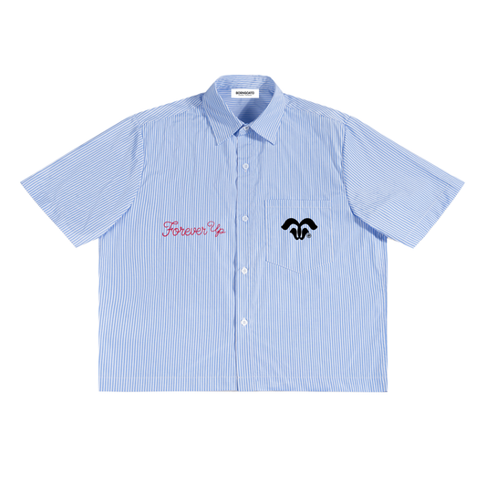 BORNGOATD Forever Up Stripe Work Shirt front view — oversized black and white pinstripe button-up with Forever Up pink DTG print and horn logo on chest pocket