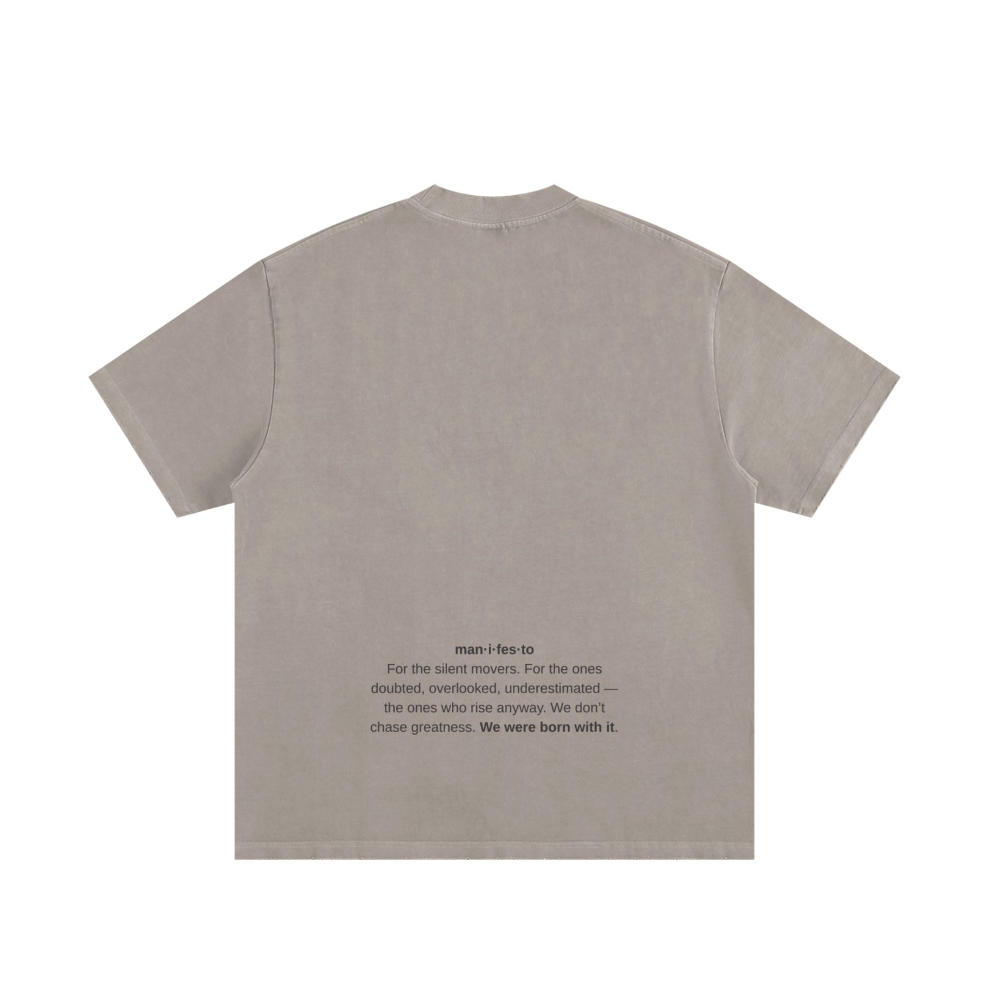 Back view of BORNGOATD Manifesto Tee with printed quote and frayed details