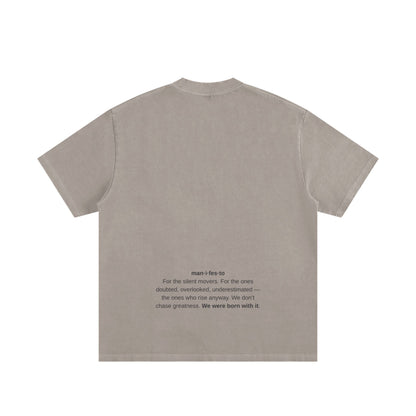 Back view of BORNGOATD Manifesto Tee with printed quote and frayed details