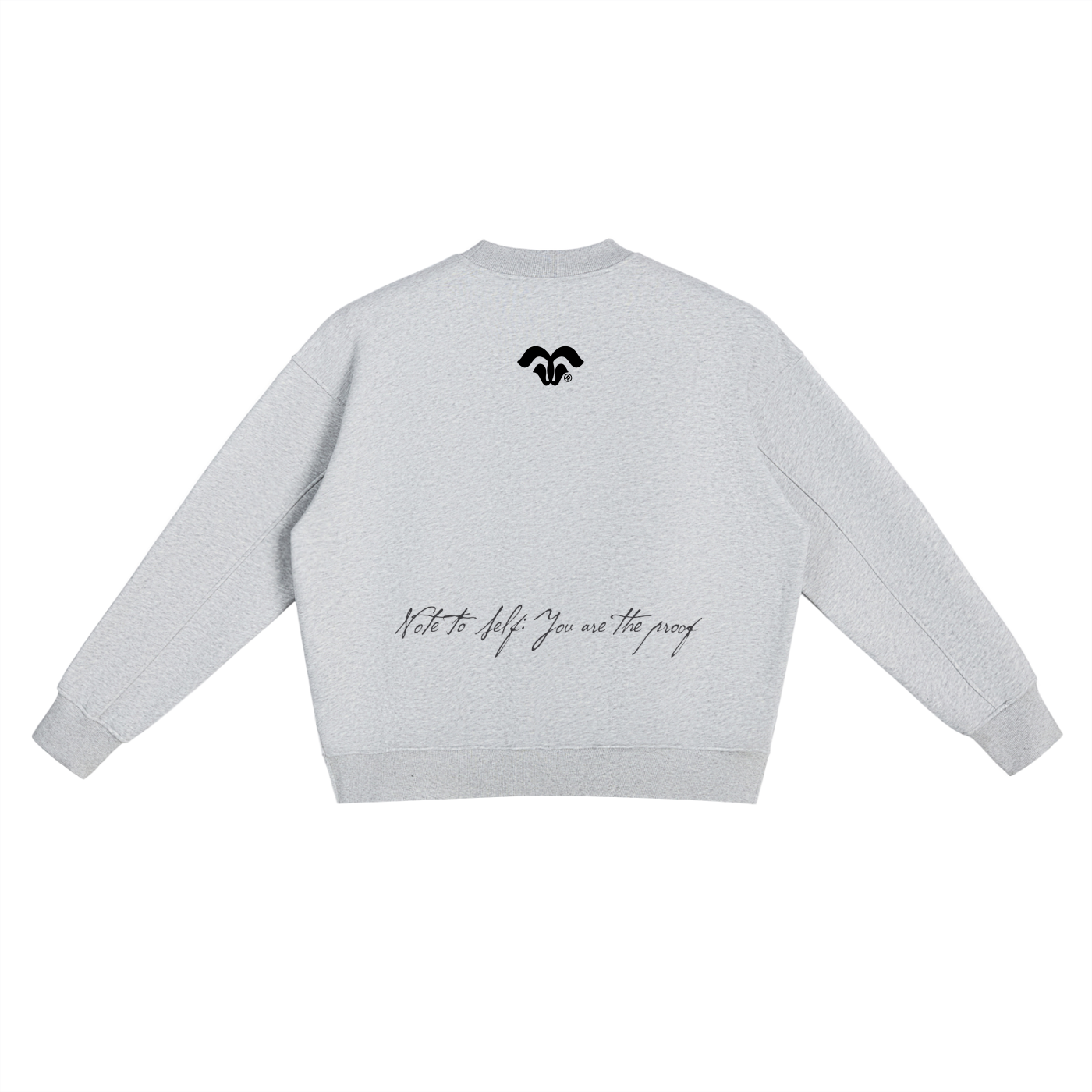 Back view of BORNGOATD Crewneck with Note to Self message and logo detail