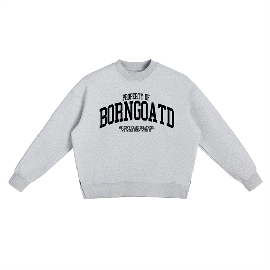 Front view of BORNGOATD Property of Crewneck with collegiate chest graphic