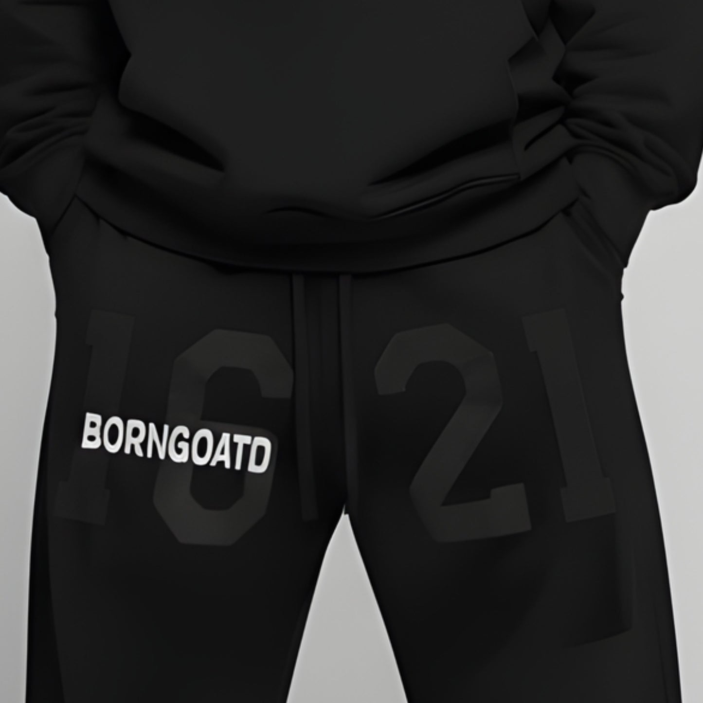 View of 1621 BORNGOATD Sweatpants showcasing large graphic and structured fit
