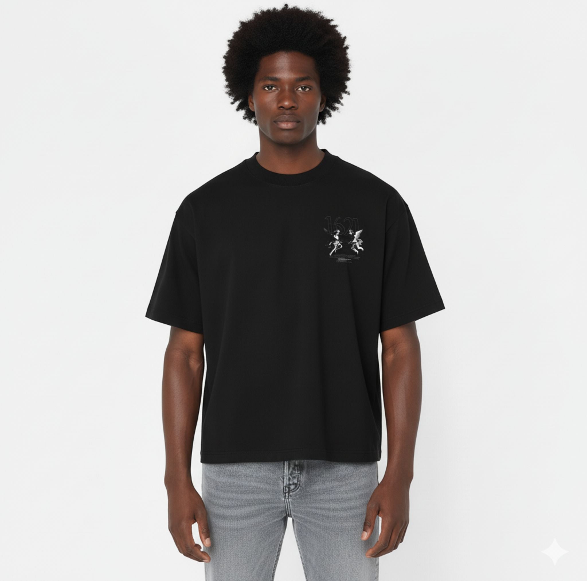 Front view of BORNGOATD 1621 Cherub II Tee with minimalist cherub and 1621 graphic