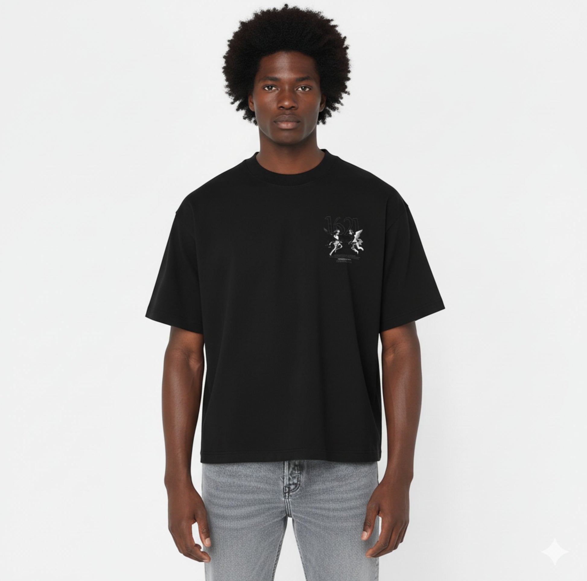 Front view of BORNGOATD 1621 Cherub II Tee with minimalist cherub and 1621 graphic