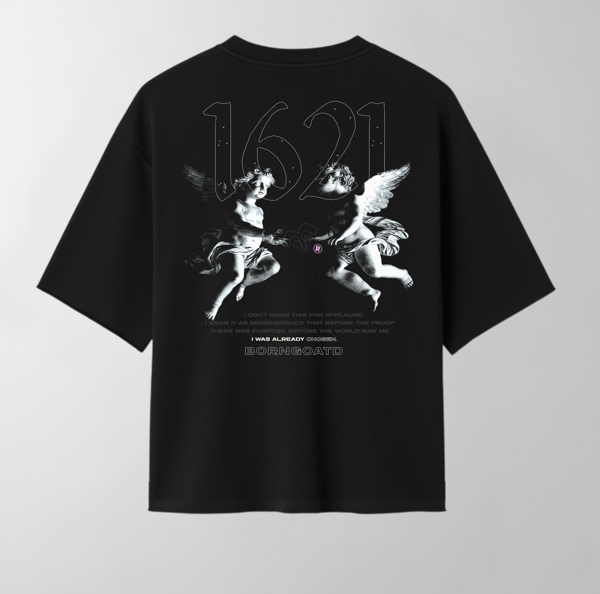 Back view of BORNGOATD 1621 Cherub II Tee featuring twin cherubs and brand manifesto