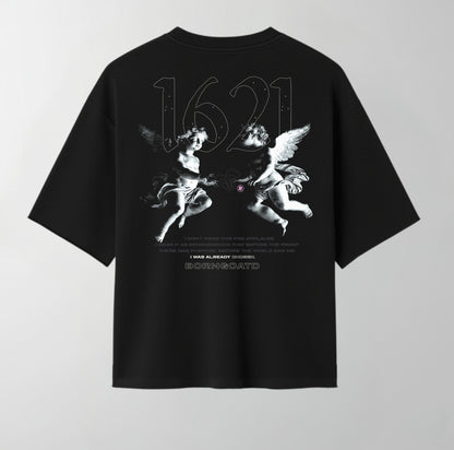 Back view of BORNGOATD 1621 Cherub II Tee featuring twin cherubs and brand manifesto