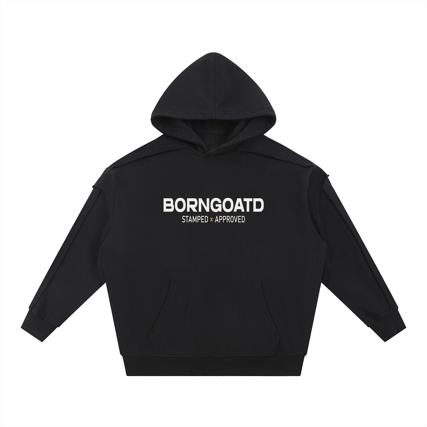 Front view of BORNGOATD 1621 Stamped x Approved Hoodie with bold chest logo and tape detailing