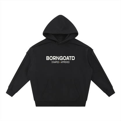 Front view of BORNGOATD 1621 Stamped x Approved Hoodie with bold chest logo and tape detailing