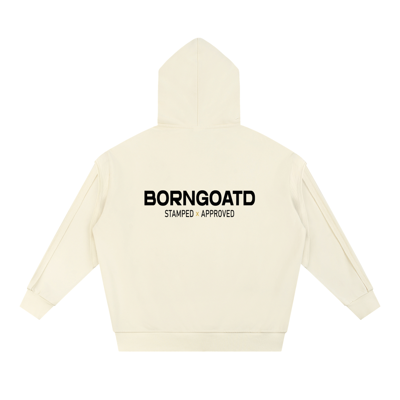Back view of Stamped x Approved Hoodie with oversized BORNGOATD graphic