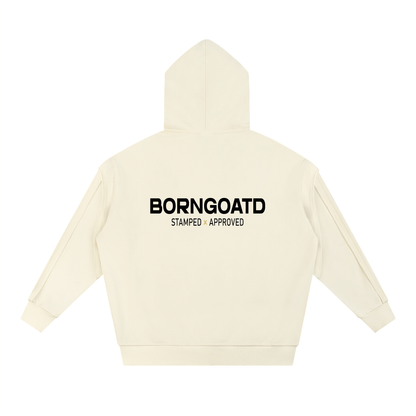 Back view of Stamped x Approved Hoodie with oversized BORNGOATD graphic