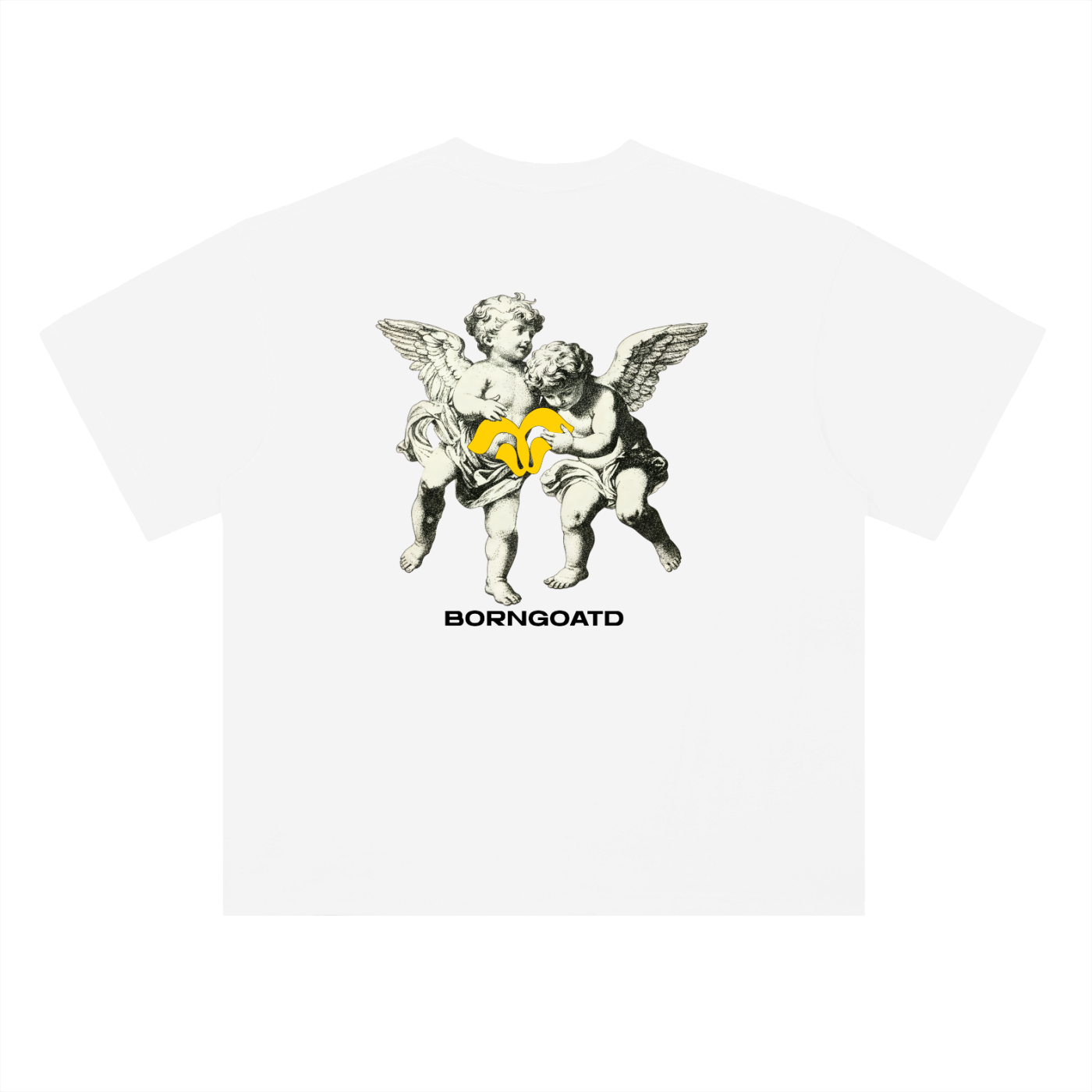 BORNGOATD white heavyweight drop shoulder t-shirt with front and back cherub artwork and premium screen print details