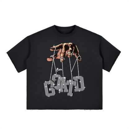 Front view of BORNGOATD Puppet Strings Tee with oversized diamond GOATD graphic