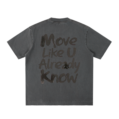 BORNGOATD heavyweight vintage washed frayed t-shirt with Back logo and large Move Like U Already Know back graphic