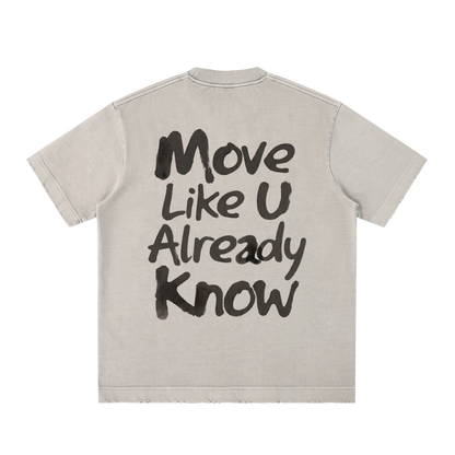 BORNGOATD heavyweight vintage washed frayed t-shirt with front chest logo and large Move Like U Already Know back graphic