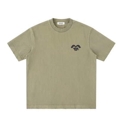 Khaki t-shirt with a logo on a white background