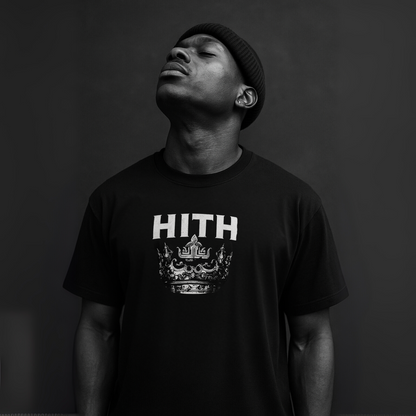 Heavyweight streetwear tee from BORNGOATD with back crown print and front HITH chest logo, representing Heavy is the Head