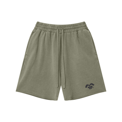 370GSM Unisex Heavyweight Raw-Edge Pigment-Washed Shorts Grayish green