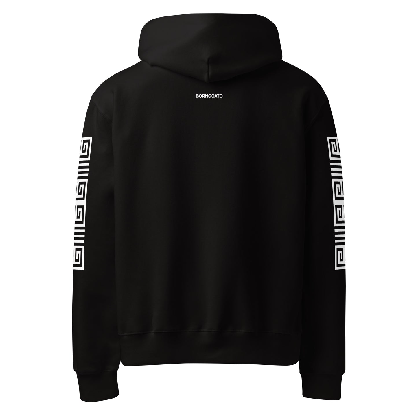 Back view of BORNGOATD Original Logo Hoodie with  sleeve graphics