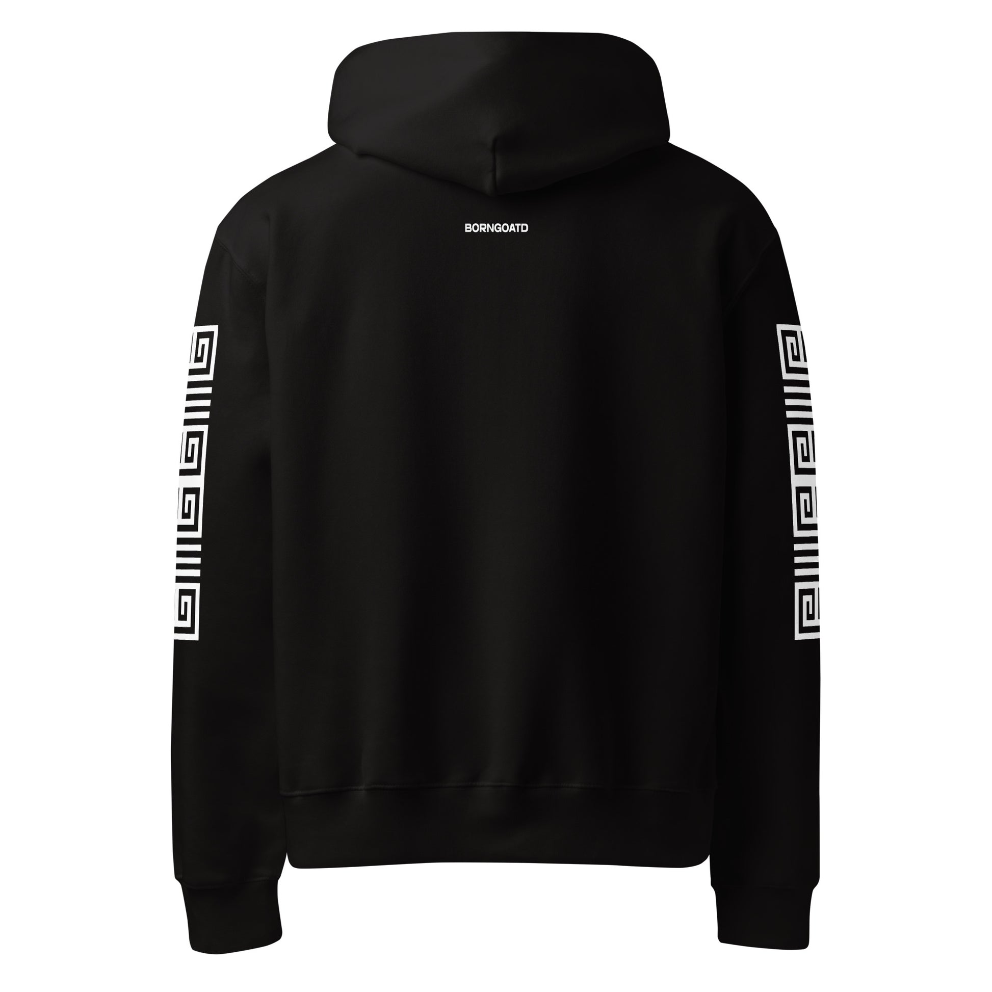 Back view of BORNGOATD Original Logo Hoodie with  sleeve graphics