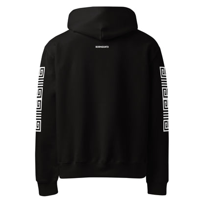 Back view of BORNGOATD Original Logo Hoodie with  sleeve graphics