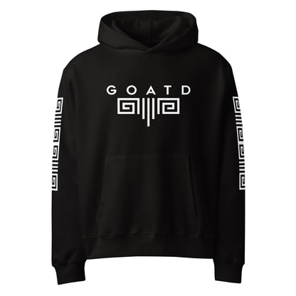 Front view of BORNGOATD Original Logo Hoodie with chest logo and sleeve graphics
