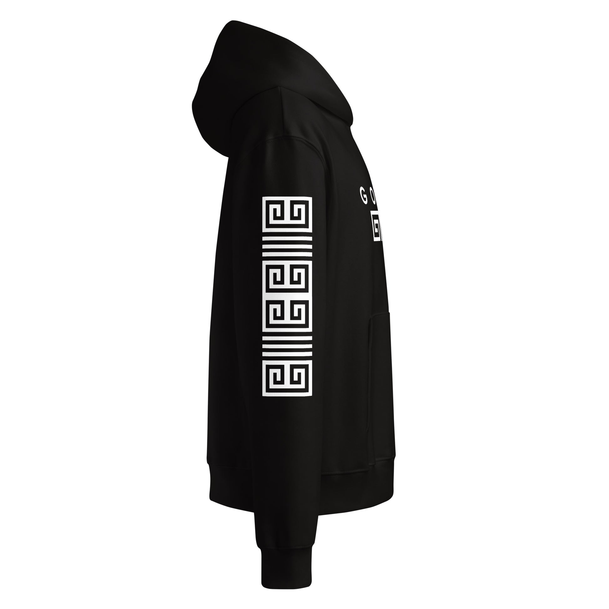 Close-up of sleeve logo details on BORNGOATD heavyweight hoodie